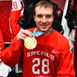 GANGNEUNG, SOUTH KOREA - FEBRUARY 25: Olympic Athletes from Russia's Andrei Zubarev #28 poses for a photo with his gold medal during gold medal round action at the PyeongChang 2018 Olympic Winter Games. (Photo by Matt Zambonin/HHOF-IIHF Images)

